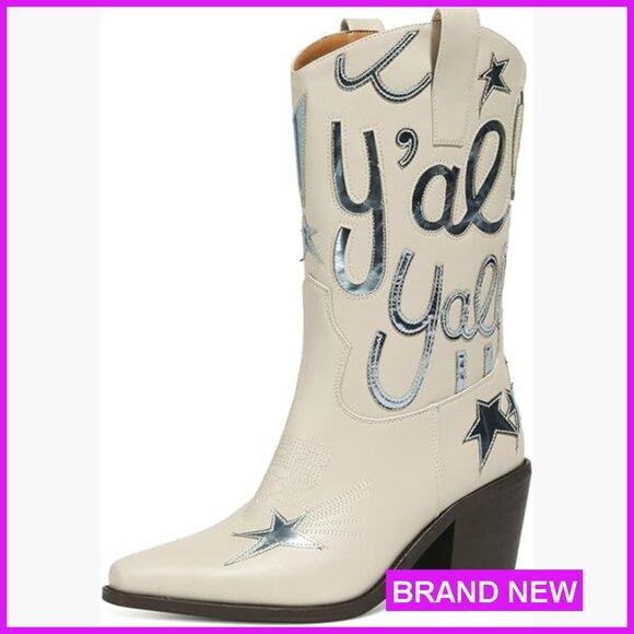 Metallic Embroidery Western Boots Pointed Toe Chunky Heel Mid Calf Cowgirl